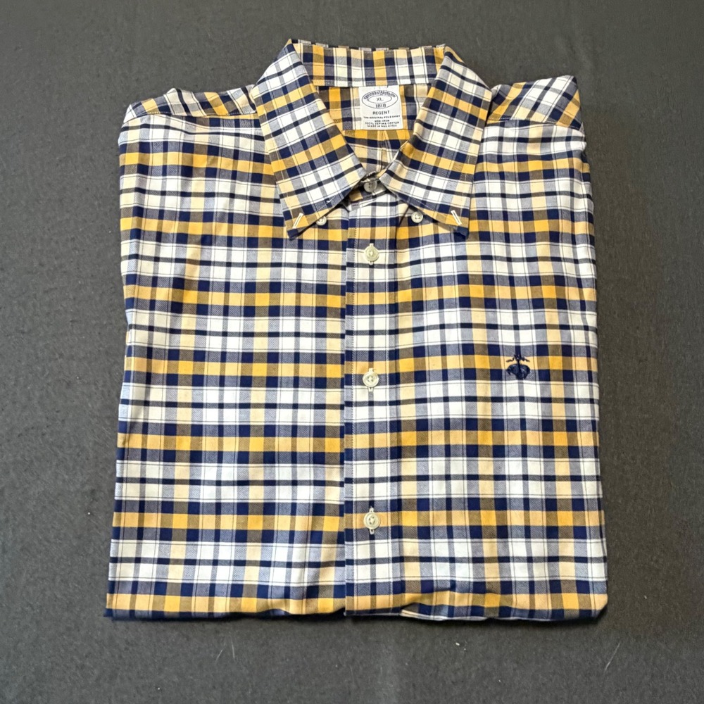 Brooks Brothers Button Down Shirt Mens XL Yellow Plaid Regent Non-Iron Supima